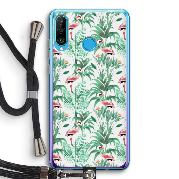 Flamingo bladeren: Huawei P30 Lite Transparant Hoesje met koord
