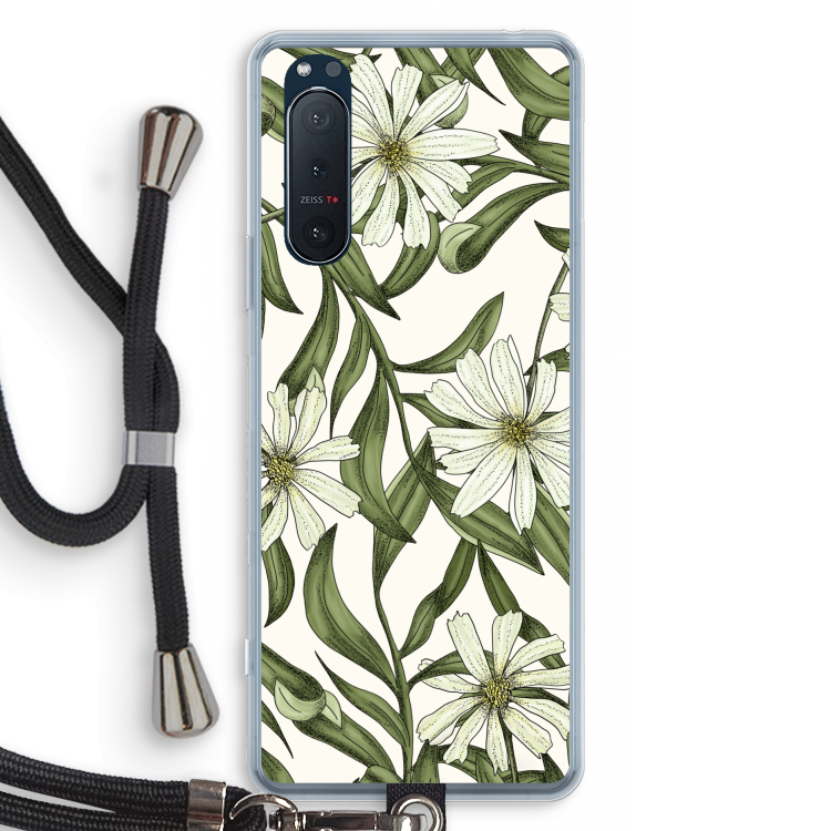 Wit bloemenpatroon: Sony Xperia 5 II Transparant Hoesje met koord