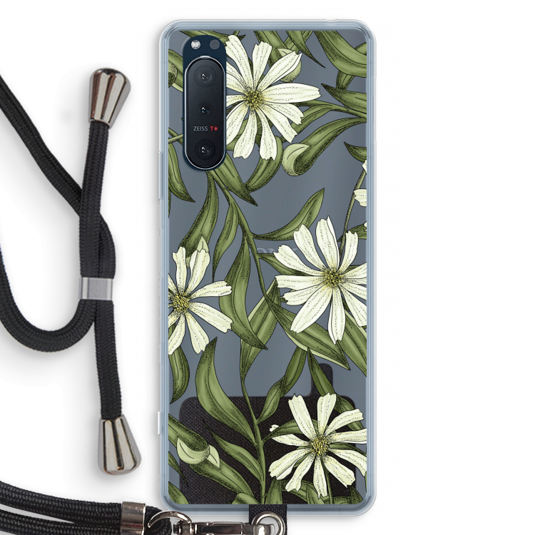Wit bloemenpatroon: Sony Xperia 5 II Transparant Hoesje met koord