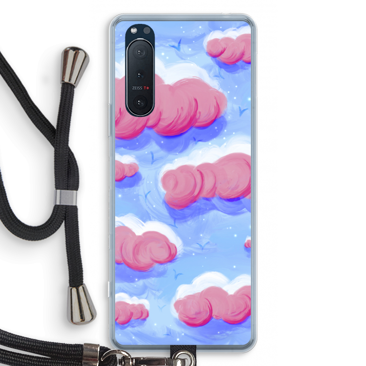 Roze wolken met vogels: Sony Xperia 5 II Transparant Hoesje met koord