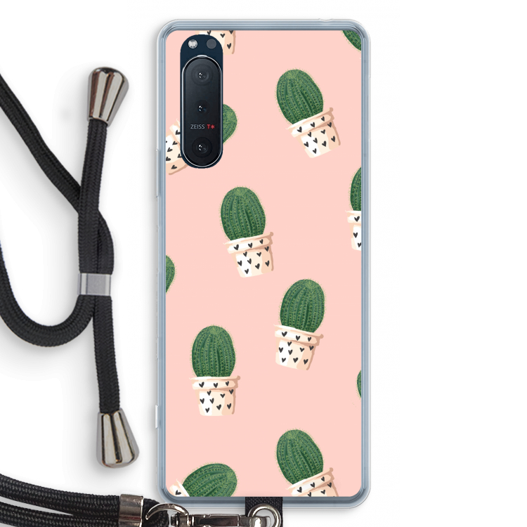 Cactusprint roze: Sony Xperia 5 II Transparant Hoesje met koord