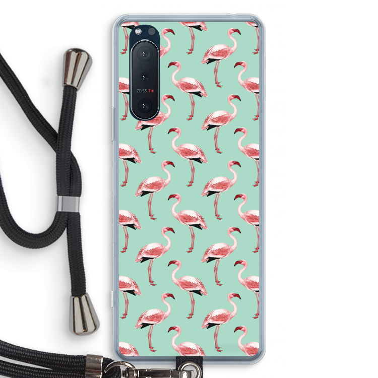 Flamingoprint groen: Sony Xperia 5 II Transparant Hoesje met koord