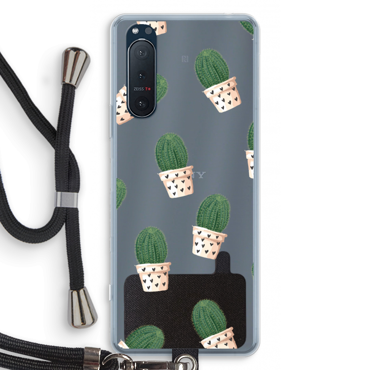 Cactusprint roze: Sony Xperia 5 II Transparant Hoesje met koord