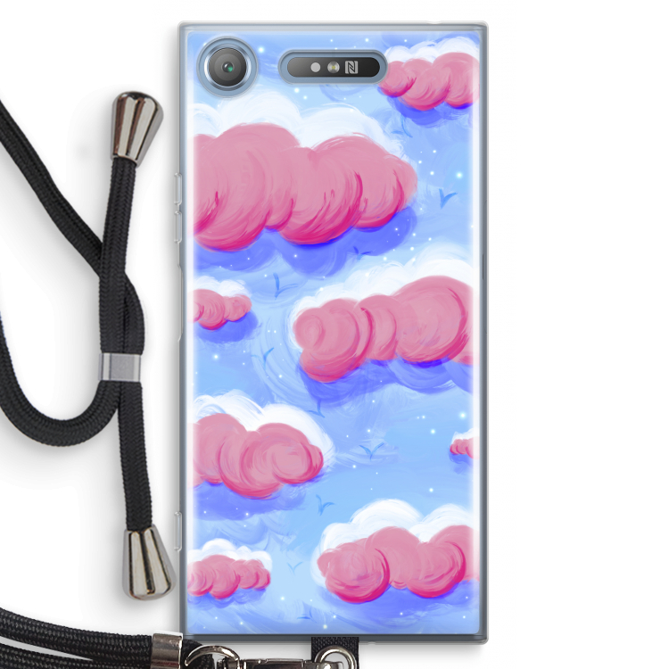 Roze wolken met vogels: Sony Xperia XZ1 Transparant Hoesje met koord