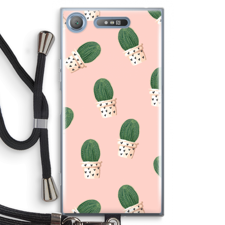 Cactusprint roze: Sony Xperia XZ1 Transparant Hoesje met koord