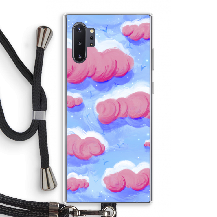 Roze wolken met vogels: Samsung Galaxy Note 10 Plus Transparant Hoesje met koord