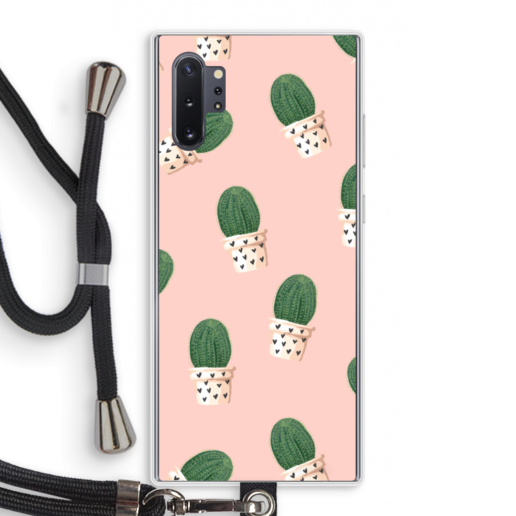Cactusprint roze: Samsung Galaxy Note 10 Plus Transparant Hoesje met koord