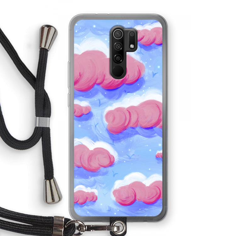 Roze wolken met vogels: Xiaomi Redmi 9 Transparant Hoesje met koord