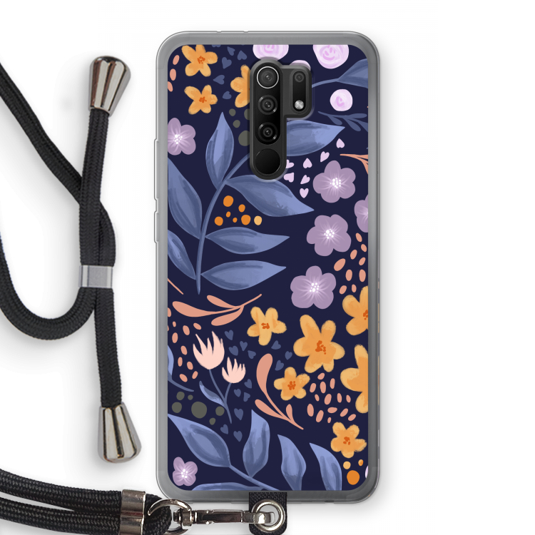 Flowers with blue leaves: Xiaomi Redmi 9 Transparant Hoesje met koord