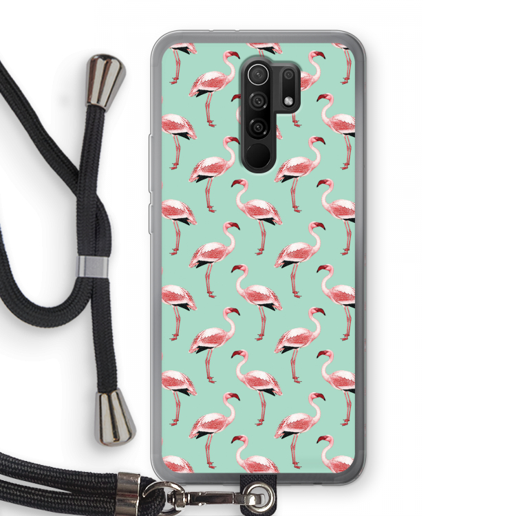 Flamingoprint groen: Xiaomi Redmi 9 Transparant Hoesje met koord