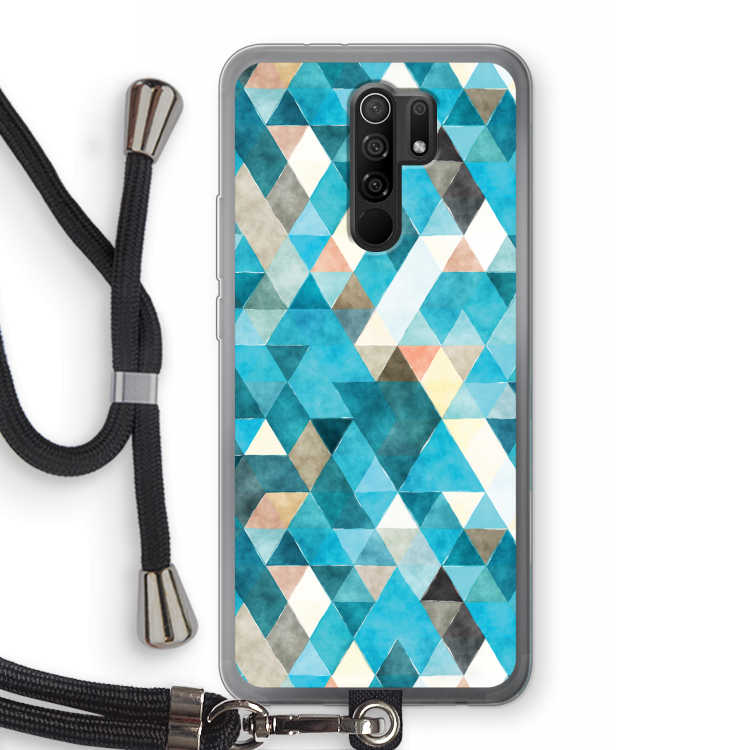 Gekleurde driehoekjes blauw: Xiaomi Redmi 9 Transparant Hoesje met koord