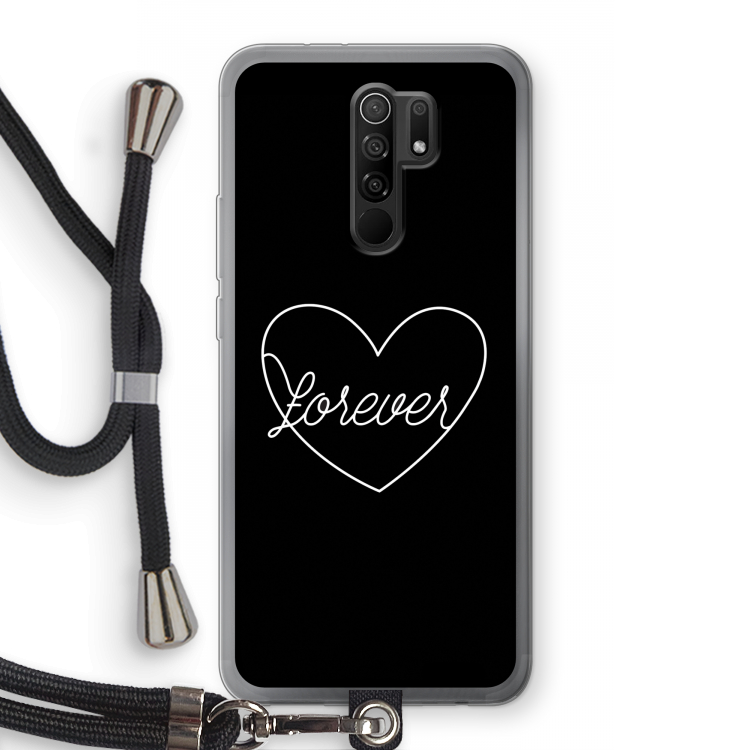 Forever heart black: Xiaomi Redmi 9 Transparant Hoesje met koord