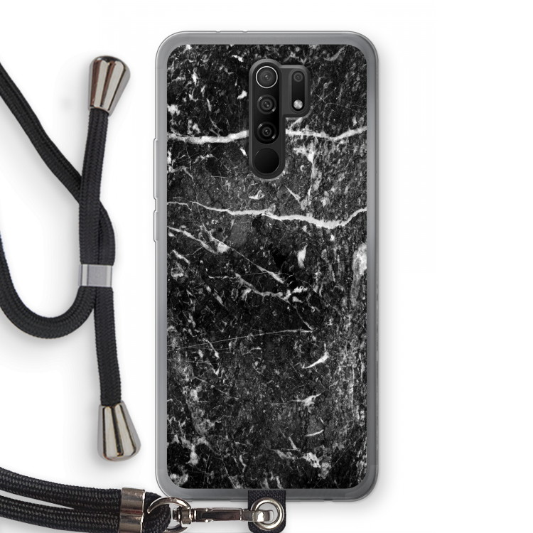 Zwart marmer: Xiaomi Redmi 9 Transparant Hoesje met koord