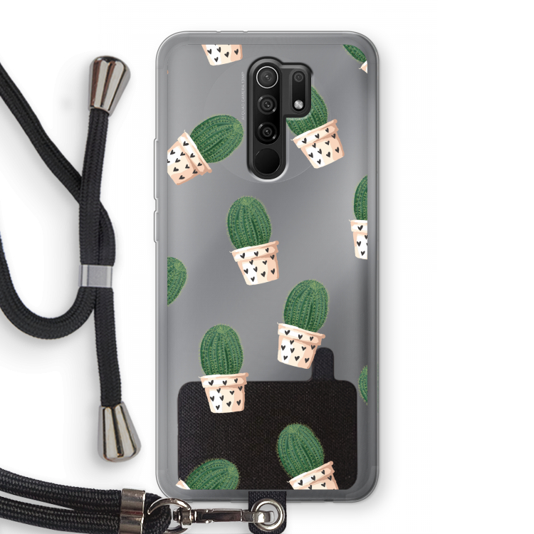 Cactusprint roze: Xiaomi Redmi 9 Transparant Hoesje met koord
