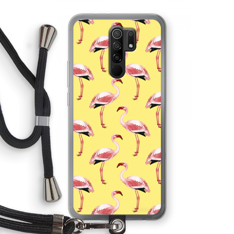 Flamingo's geel: Xiaomi Redmi 9 Transparant Hoesje met koord