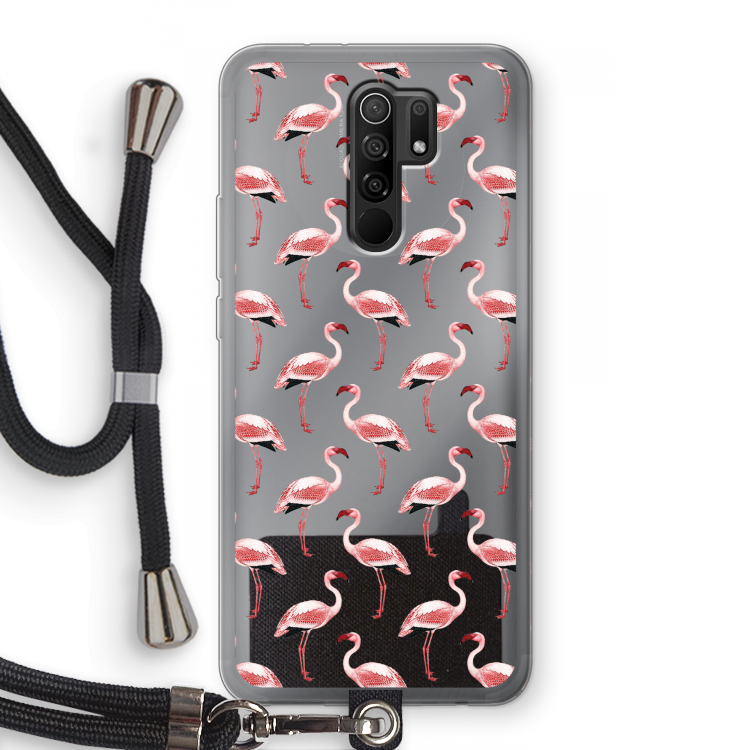 Flamingoprint groen: Xiaomi Redmi 9 Transparant Hoesje met koord