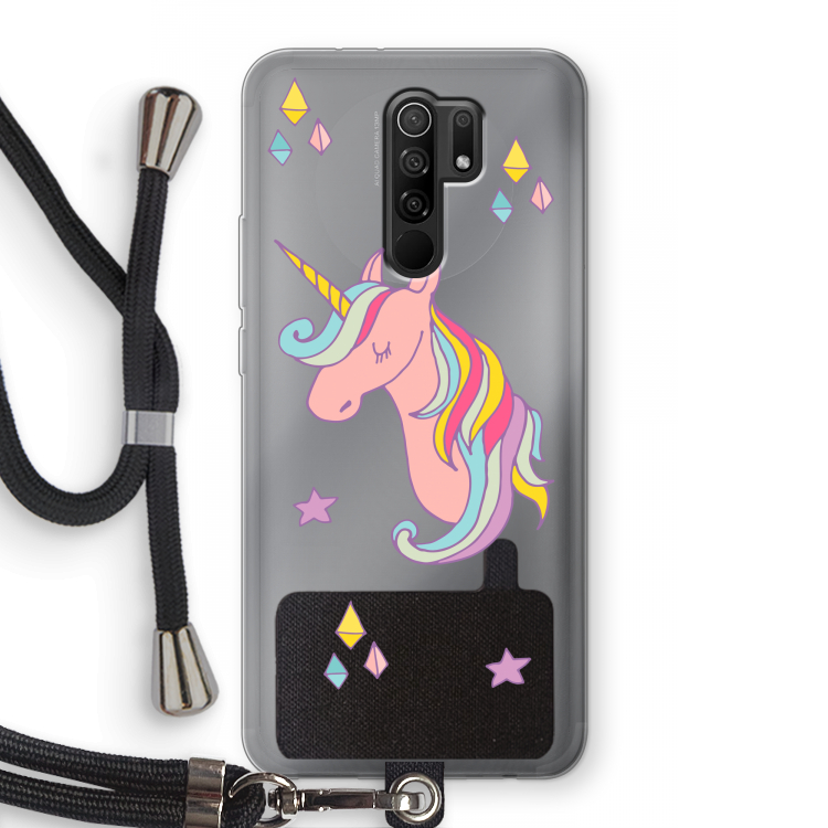 Roze eenhoorn: Xiaomi Redmi 9 Transparant Hoesje met koord
