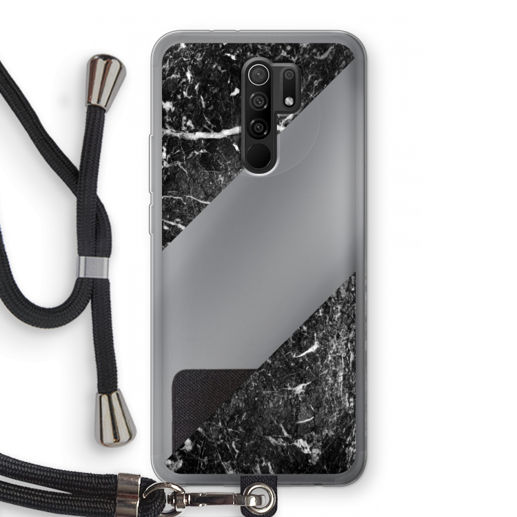 Zwart marmer: Xiaomi Redmi 9 Transparant Hoesje met koord