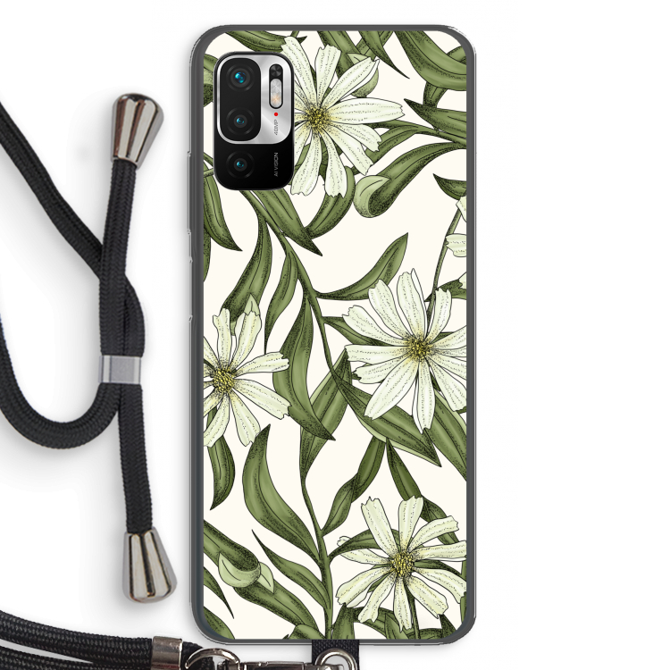 Wit bloemenpatroon: Xiaomi Redmi Note 10 5G Transparant Hoesje met koord
