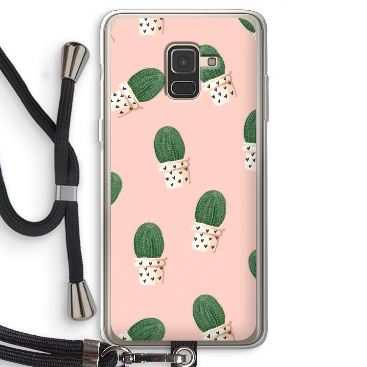 Cactusprint roze: Samsung Galaxy A8 (2018) Transparant Hoesje met koord
