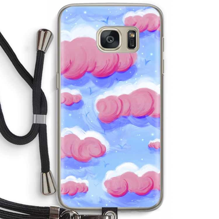 Roze wolken met vogels: Samsung Galaxy S7 Transparant Hoesje met koord
