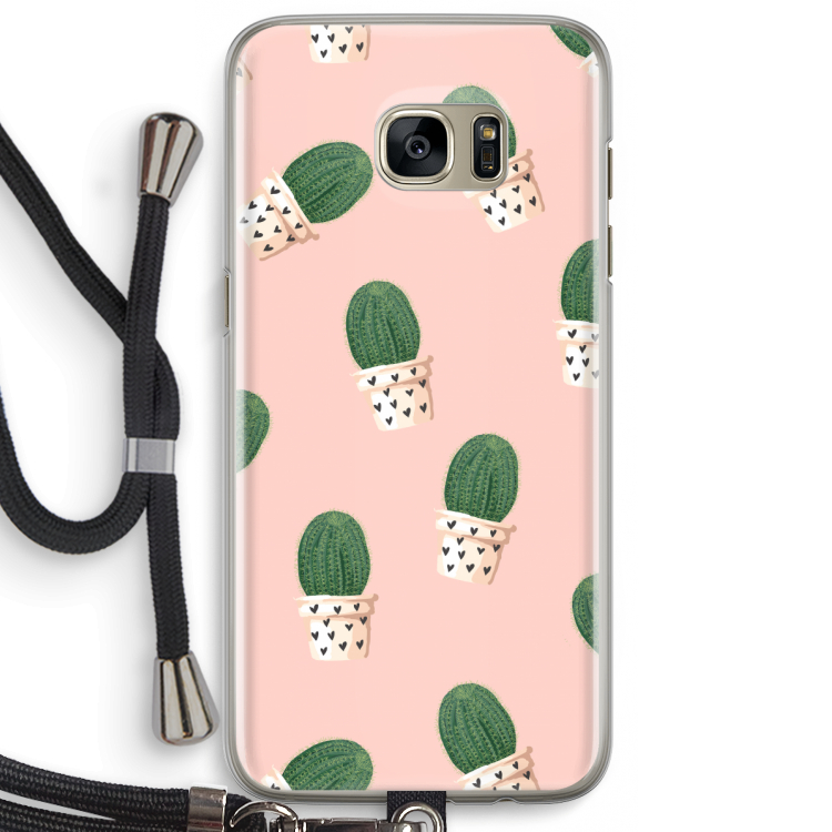 Cactusprint roze: Samsung Galaxy S7 Edge Transparant Hoesje met koord