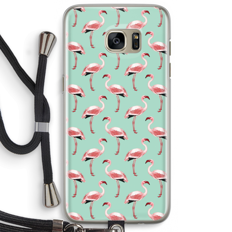 Flamingoprint groen: Samsung Galaxy S7 Edge Transparant Hoesje met koord