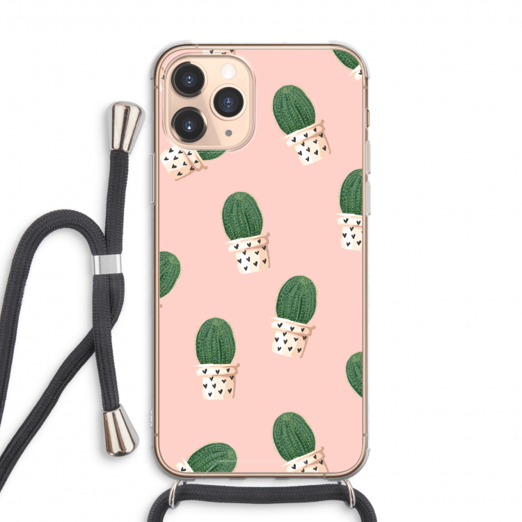 Cactusprint roze: iPhone 11 Pro Max Transparant Hoesje met koord