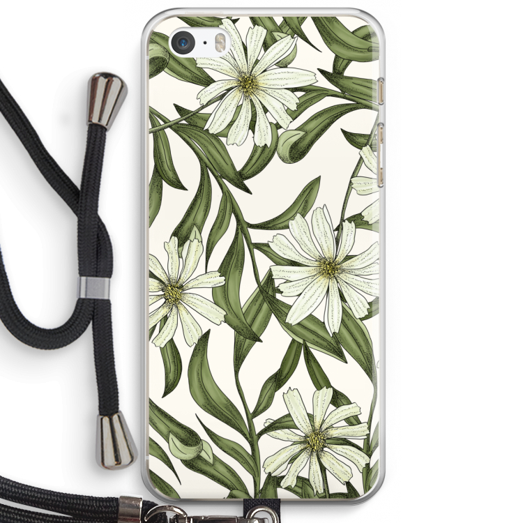 Wit bloemenpatroon: iPhone 5 / 5S / SE Transparant Hoesje met koord