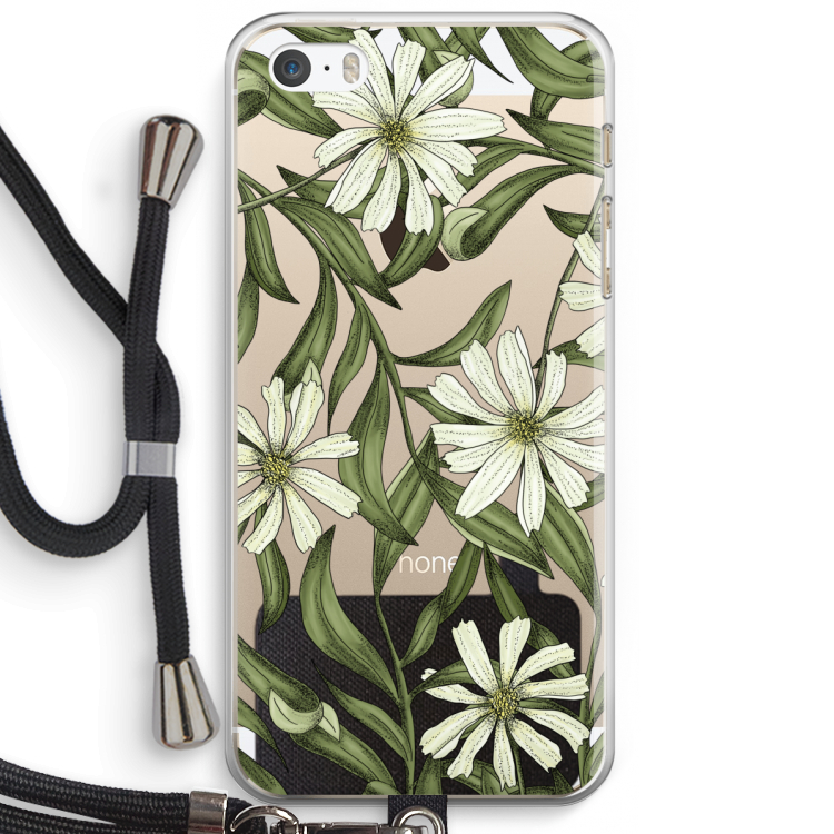 Wit bloemenpatroon: iPhone 5 / 5S / SE Transparant Hoesje met koord
