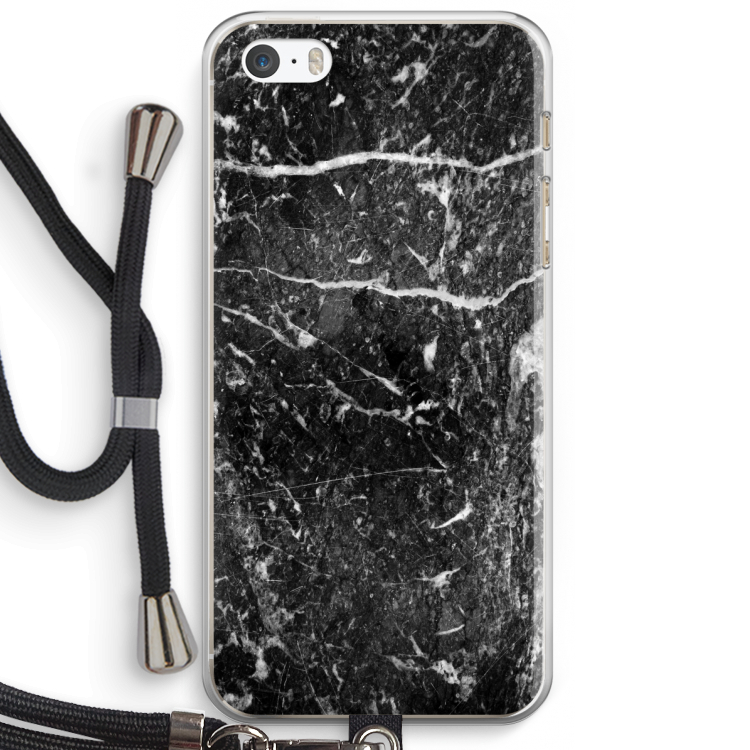Zwart marmer: iPhone 5 / 5S / SE Transparant Hoesje met koord