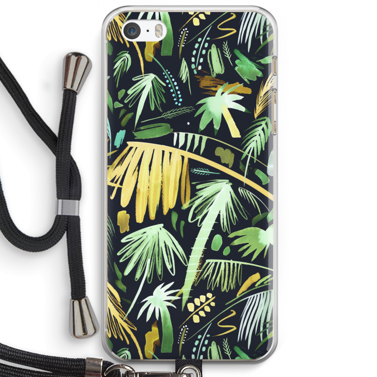 Tropical Palms Dark: iPhone 5 / 5S / SE Transparant Hoesje met koord