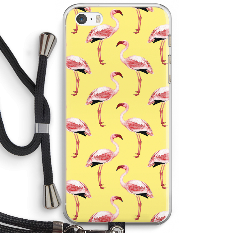 Flamingo's geel: iPhone 5 / 5S / SE Transparant Hoesje met koord