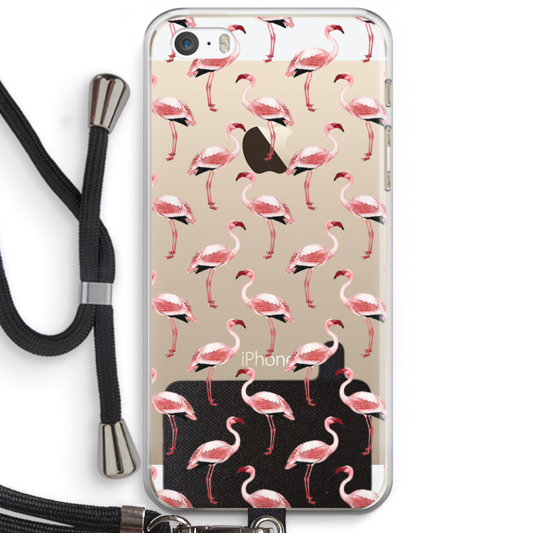 Flamingoprint groen: iPhone 5 / 5S / SE Transparant Hoesje met koord