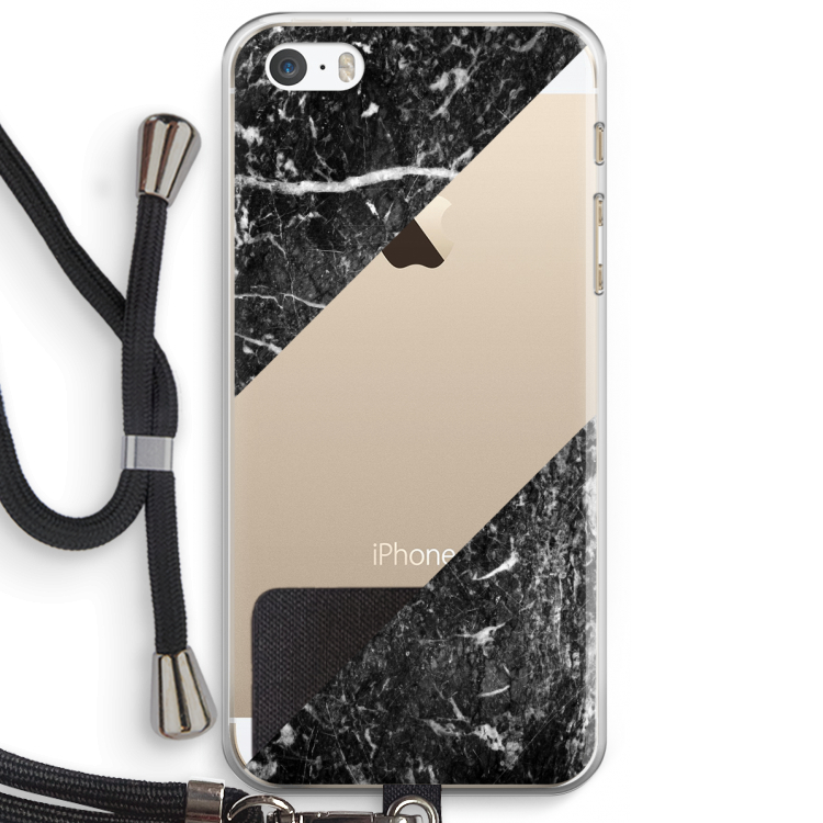 Zwart marmer: iPhone 5 / 5S / SE Transparant Hoesje met koord