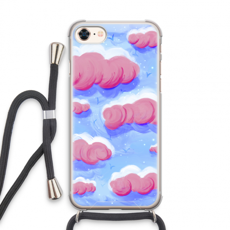 Roze wolken met vogels: iPhone 7 Transparant Hoesje met koord