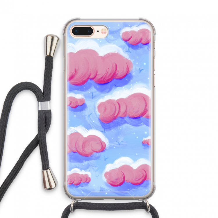 Roze wolken met vogels: iPhone 7 PLUS Transparant Hoesje met koord