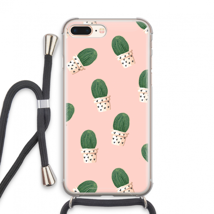 Cactusprint roze: iPhone 8 Plus Transparant Hoesje met koord