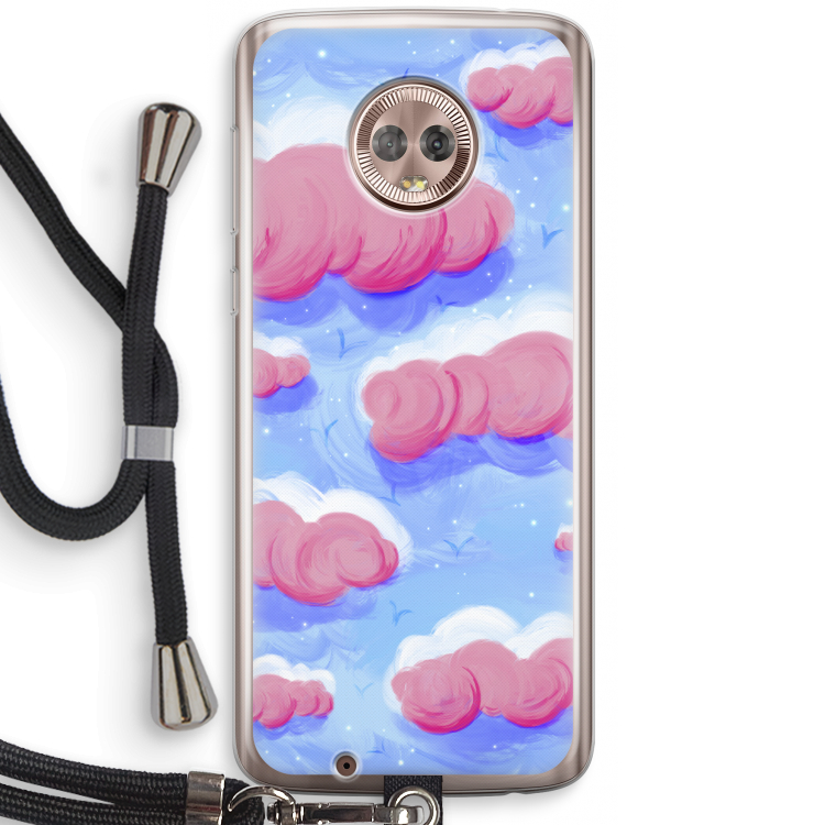 Roze wolken met vogels: Motorola Moto G6 Transparant Hoesje met koord