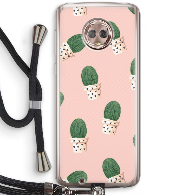 Cactusprint roze: Motorola Moto G6 Transparant Hoesje met koord