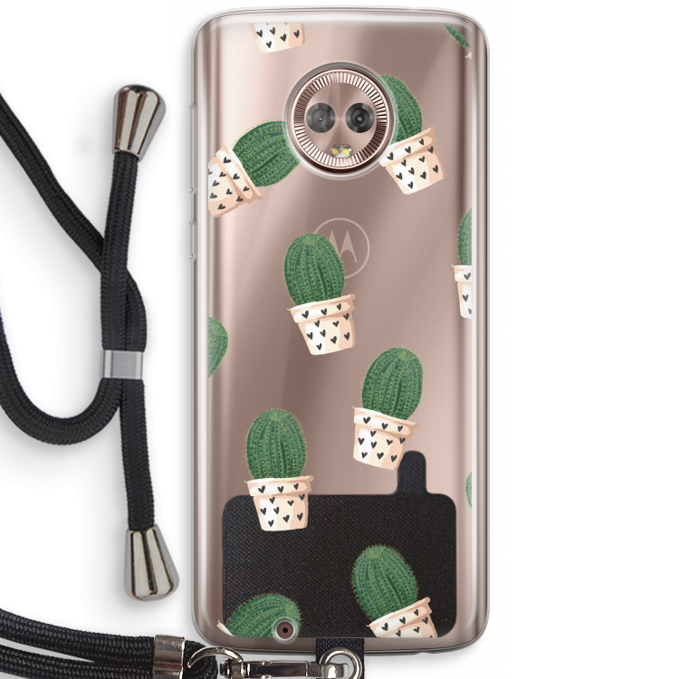 Cactusprint roze: Motorola Moto G6 Transparant Hoesje met koord