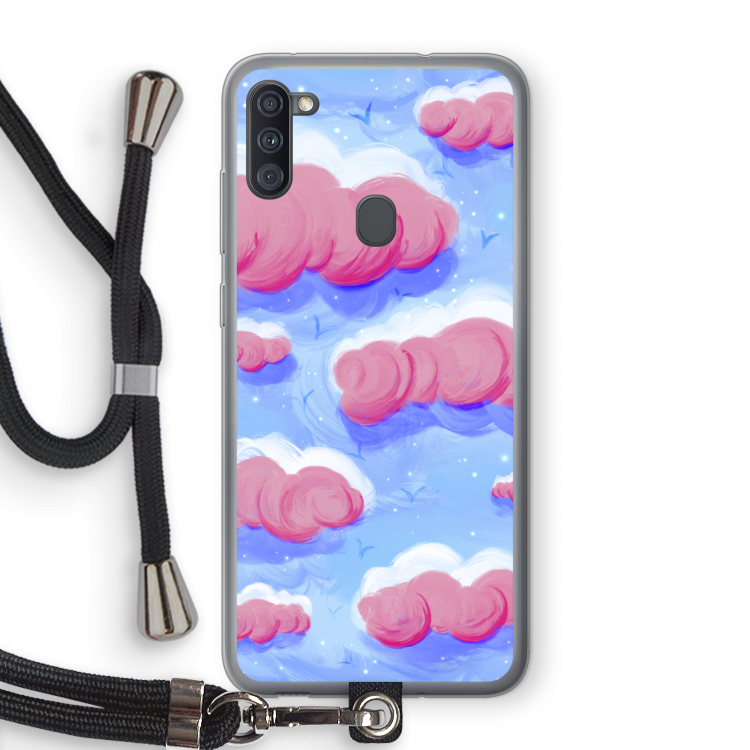 Roze wolken met vogels: Samsung Galaxy A11 Transparant Hoesje met koord