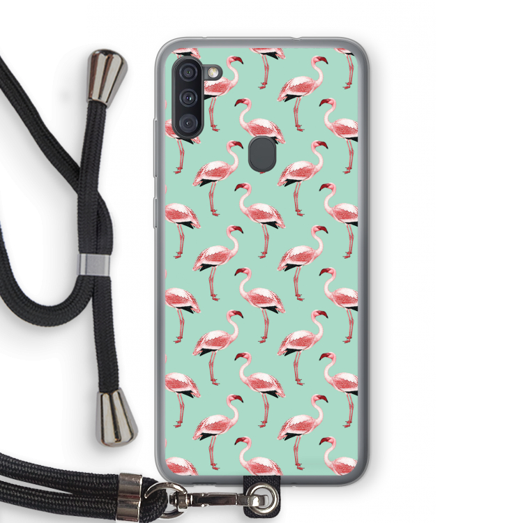 Flamingoprint groen: Samsung Galaxy A11 Transparant Hoesje met koord