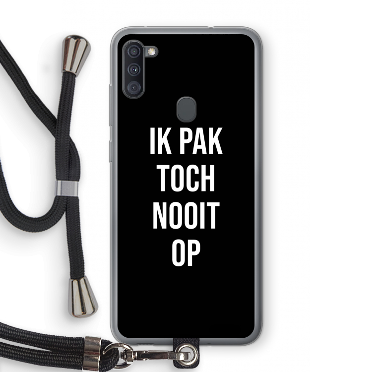 Ik pak nooit op - Zwart: Samsung Galaxy A11 Transparant Hoesje met koord