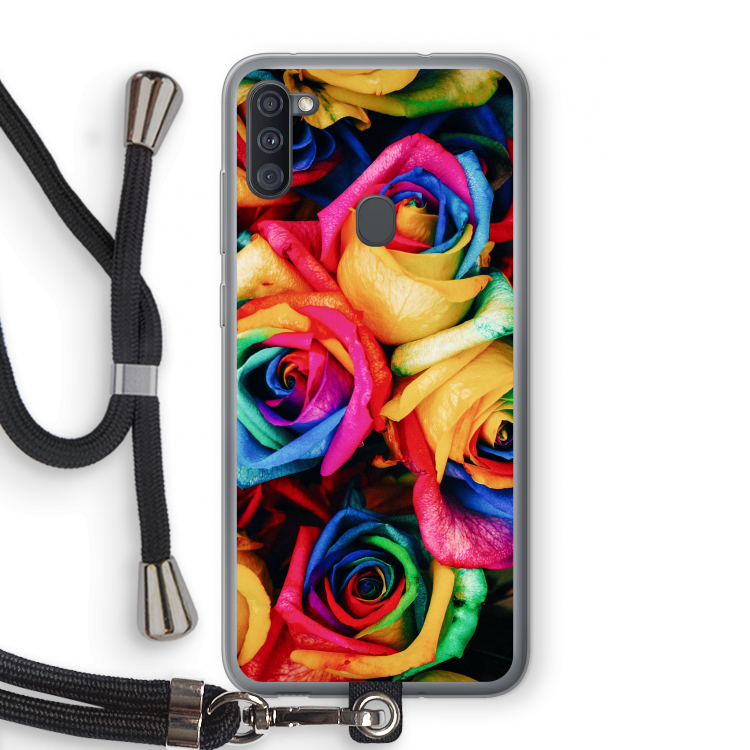 Neon bloemen: Samsung Galaxy A11 Transparant Hoesje met koord