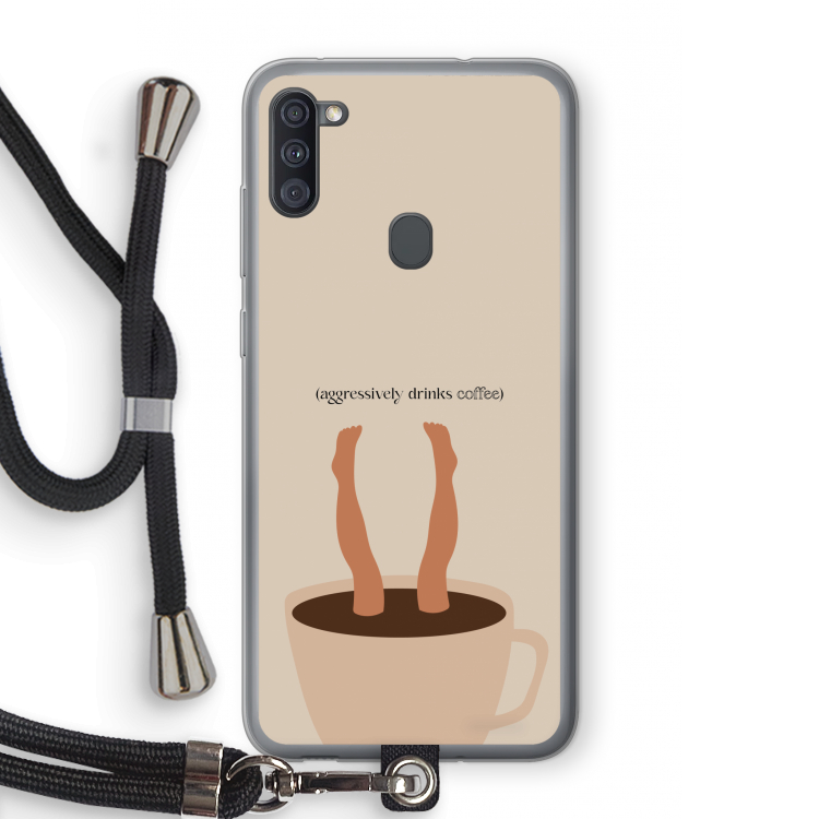 Aggressively drinks coffee: Samsung Galaxy A11 Transparant Hoesje met koord