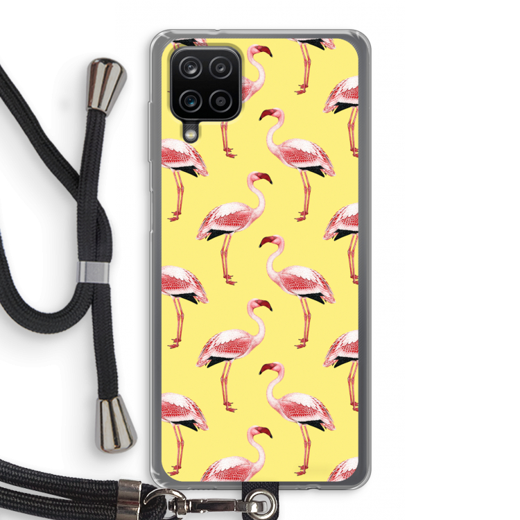 Flamingo's geel: Samsung Galaxy A12 Transparant Hoesje met koord