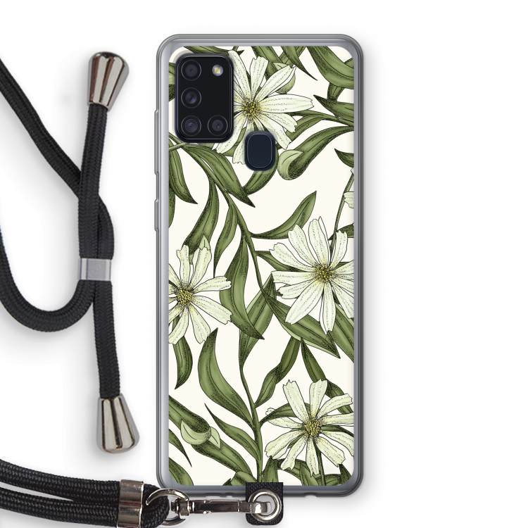Wit bloemenpatroon: Samsung Galaxy A21s Transparant Hoesje met koord