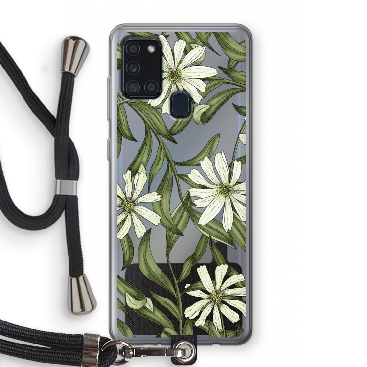 Wit bloemenpatroon: Samsung Galaxy A21s Transparant Hoesje met koord