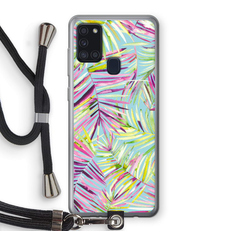 Tropical Palms Blue: Samsung Galaxy A21s Transparant Hoesje met koord